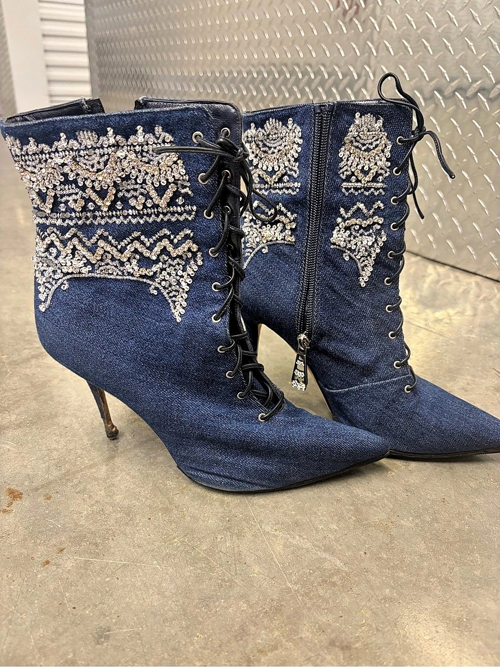 MANOLO BLAHNIK BLUE DENIM EMBELLISHED LACE UP STILETTO ANKLE BOOTS